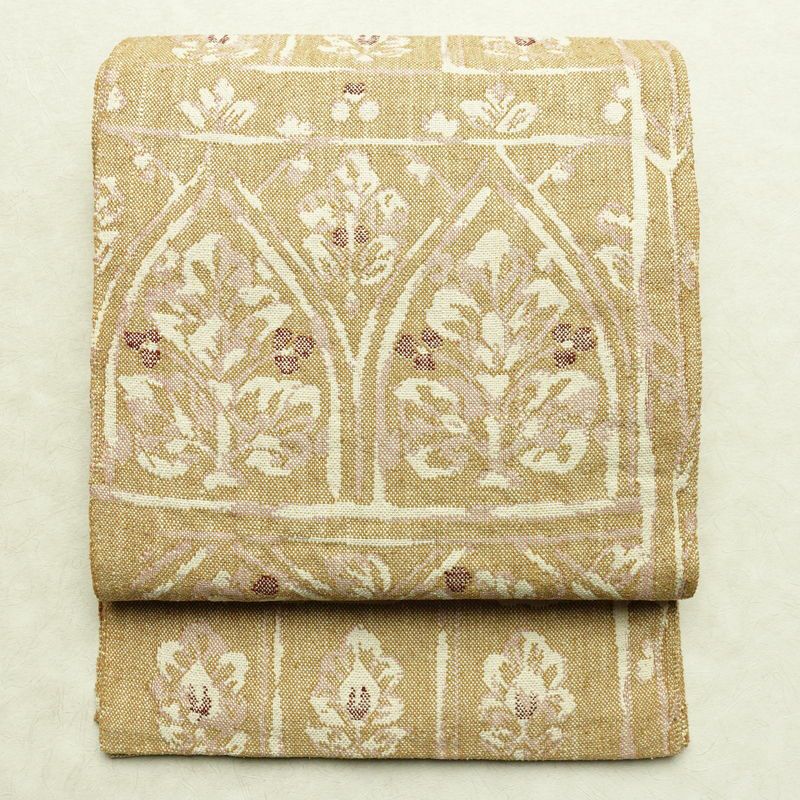 名古屋帯 六通柄 良品 正絹 幾何学柄・抽象柄 通し仕立て なごや帯 リサイクル帯 帯 紬地 ベージュ