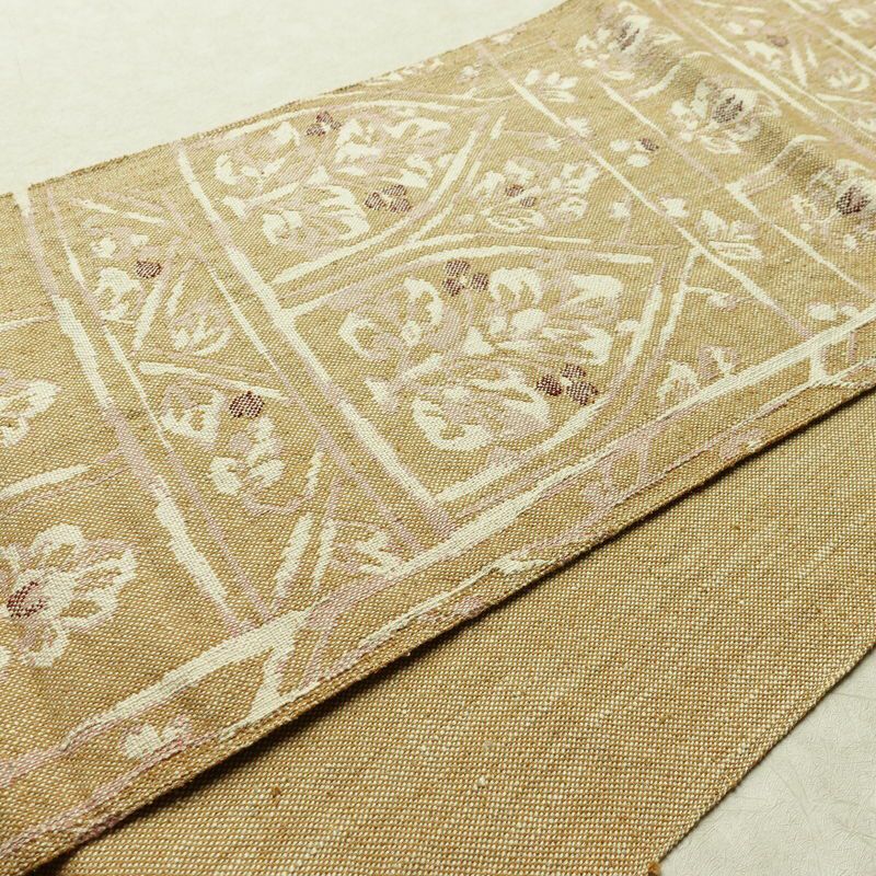 名古屋帯 六通柄 良品 正絹 幾何学柄・抽象柄 通し仕立て なごや帯 リサイクル帯 帯 紬地 ベージュ_画像12