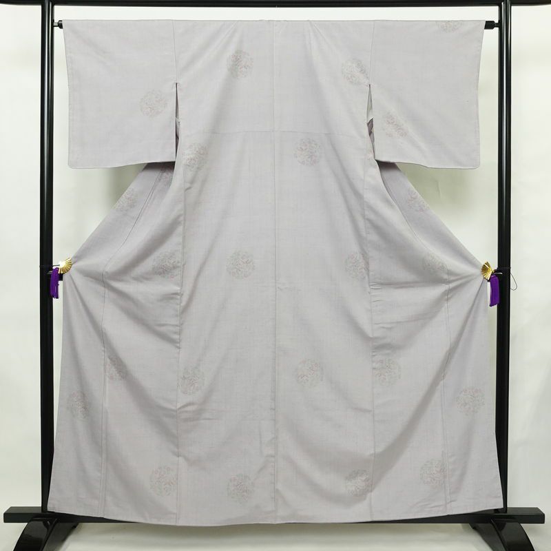 結城紬 紬 手織結城紬 証紙あり 正絹 幾何学柄・抽象柄 袷仕立て 身丈159cm 裄丈64cm リサイクル着物 着物 紫・藤色_画像1