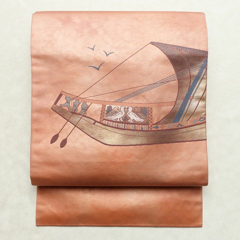 名古屋帯 太鼓柄 良品 正絹 幾何学柄・抽象柄 名古屋仕立て なごや帯 リサイクル帯 帯 箔 シンプル ピンク_画像1