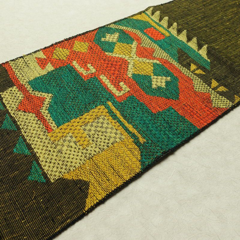 名古屋帯 太鼓柄 美品 正絹 幾何学柄・抽象柄 松葉仕立て なごや帯 リサイクル帯 帯 紬地 黒_画像11