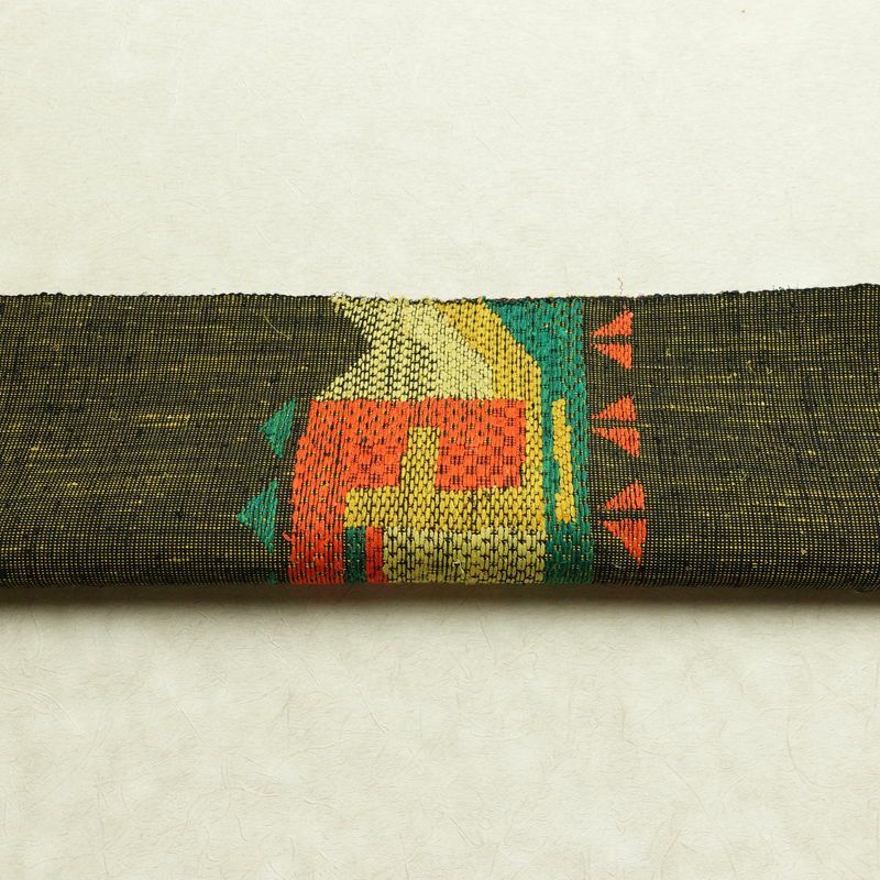 名古屋帯 太鼓柄 美品 正絹 幾何学柄・抽象柄 松葉仕立て なごや帯 リサイクル帯 帯 紬地 黒_画像13