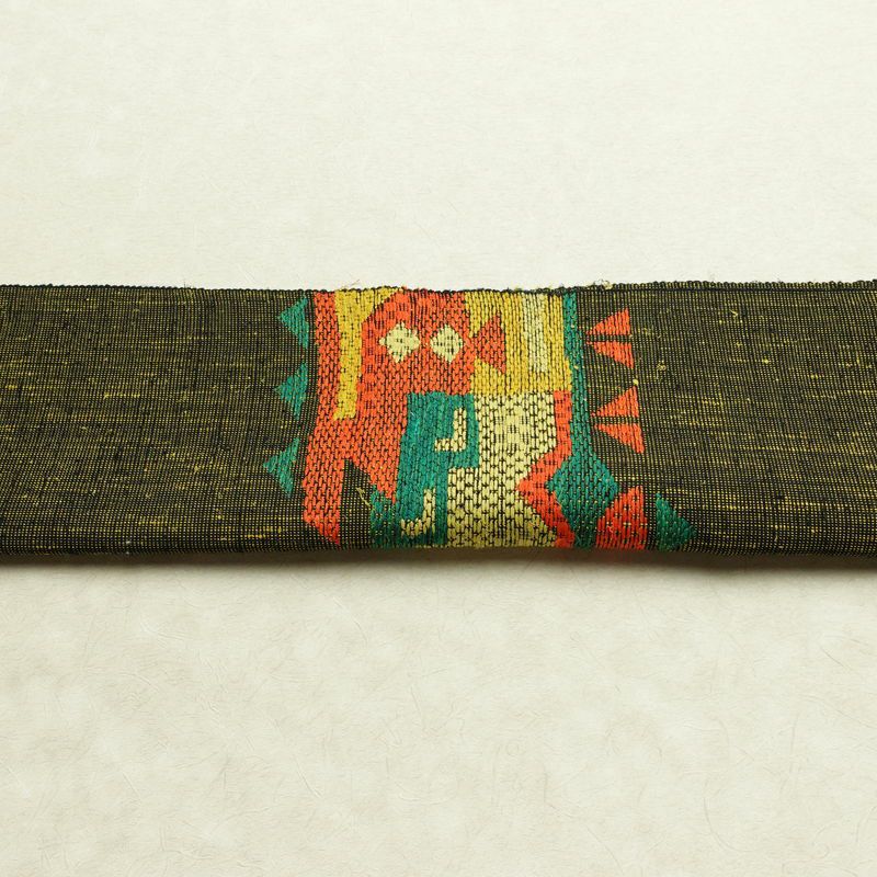 名古屋帯 太鼓柄 美品 正絹 幾何学柄・抽象柄 松葉仕立て なごや帯 リサイクル帯 帯 紬地 黒_画像14