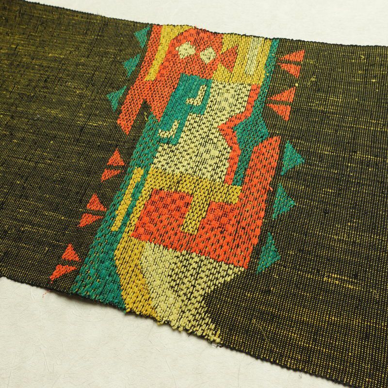 名古屋帯 太鼓柄 美品 正絹 幾何学柄・抽象柄 松葉仕立て なごや帯 リサイクル帯 帯 紬地 黒_画像15