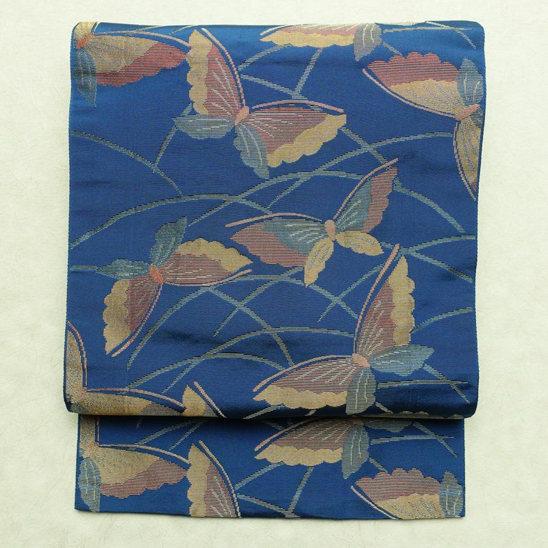 名古屋帯 全通柄 正絹 蝶・昆虫柄 松葉仕立て なごや帯 リサイクル帯 帯 金糸 青・紺_画像1