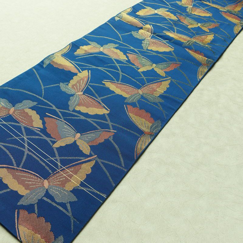 名古屋帯 全通柄 正絹 蝶・昆虫柄 松葉仕立て なごや帯 リサイクル帯 帯 金糸 青・紺_画像10