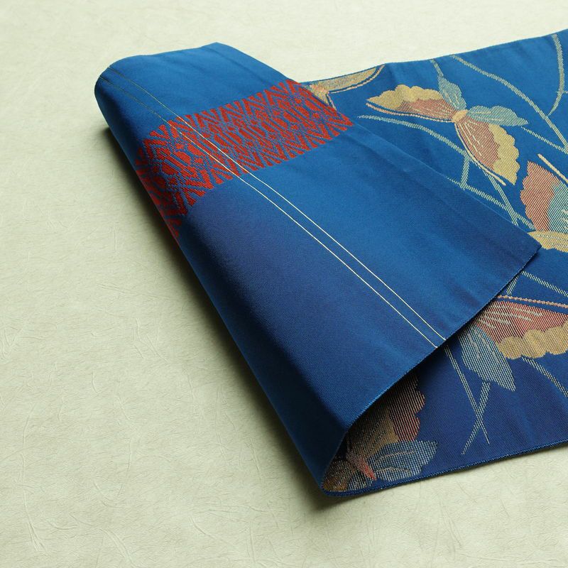 名古屋帯 全通柄 正絹 蝶・昆虫柄 松葉仕立て なごや帯 リサイクル帯 帯 金糸 青・紺_画像11