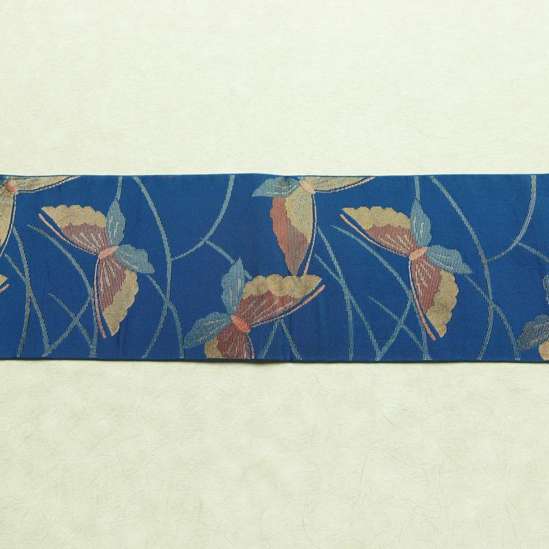 名古屋帯 全通柄 正絹 蝶・昆虫柄 松葉仕立て なごや帯 リサイクル帯 帯 金糸 青・紺_画像13