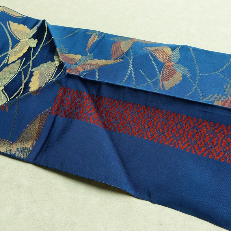 名古屋帯 全通柄 正絹 蝶・昆虫柄 松葉仕立て なごや帯 リサイクル帯 帯 金糸 青・紺_画像18