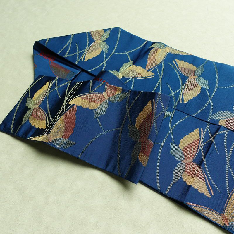 名古屋帯 全通柄 正絹 蝶・昆虫柄 松葉仕立て なごや帯 リサイクル帯 帯 金糸 青・紺_画像21
