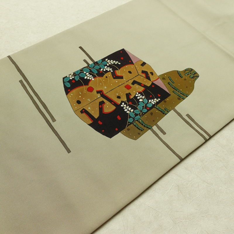 名古屋帯 太鼓柄 良品 雅生 落款入り 正絹 古典柄 名古屋仕立て なごや帯 リサイクル帯 一部しつけ糸付き 帯 金彩 シンプル 緑・うぐいす色_画像13