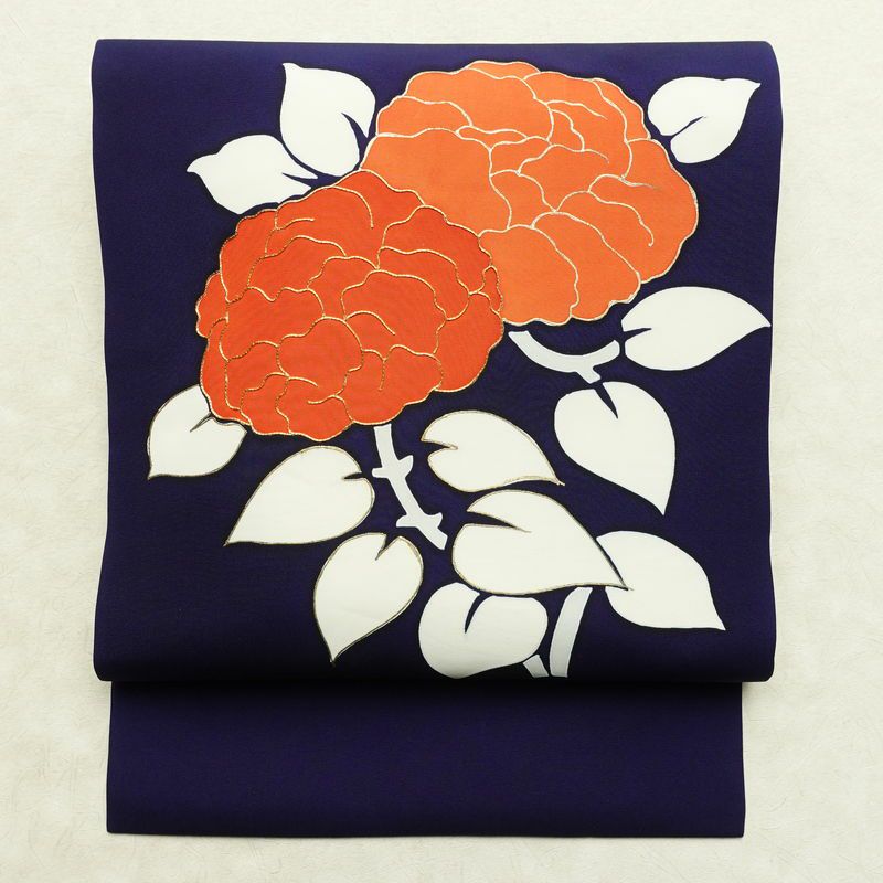 名古屋帯 太鼓柄 金駒刺繍 正絹 花柄 名古屋仕立て なごや帯 リサイクル帯 帯 金彩 シンプル 青・紺_画像1