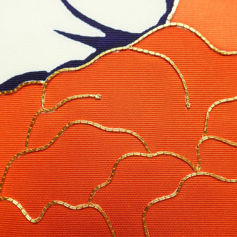 名古屋帯 太鼓柄 金駒刺繍 正絹 花柄 名古屋仕立て なごや帯 リサイクル帯 帯 金彩 シンプル 青・紺_画像4