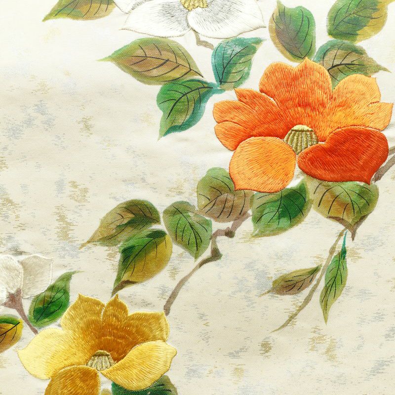 名古屋帯 太鼓柄 正絹 花柄 名古屋仕立て なごや帯 リサイクル帯 帯 刺繍 箔 椿 白_画像2