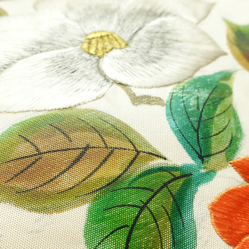 名古屋帯 太鼓柄 正絹 花柄 名古屋仕立て なごや帯 リサイクル帯 帯 刺繍 箔 椿 白_画像5