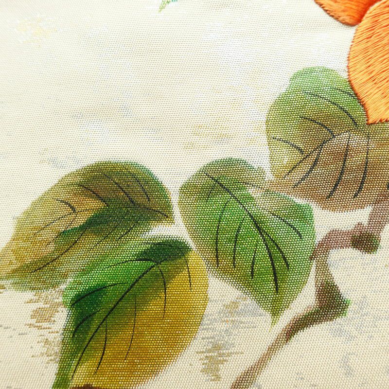 名古屋帯 太鼓柄 正絹 花柄 名古屋仕立て なごや帯 リサイクル帯 帯 刺繍 箔 椿 白_画像6