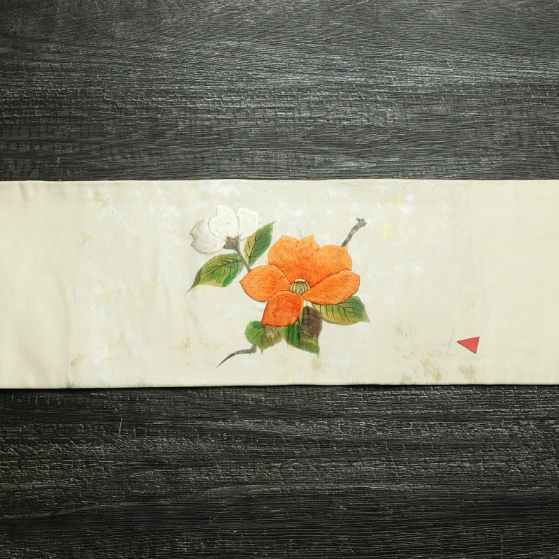 名古屋帯 太鼓柄 正絹 花柄 名古屋仕立て なごや帯 リサイクル帯 帯 刺繍 箔 椿 白_画像12