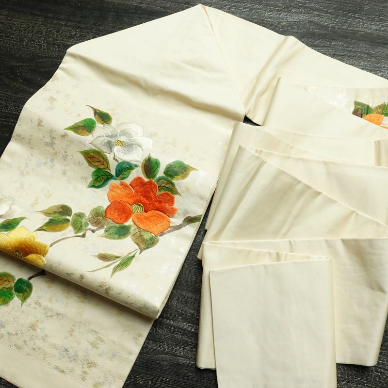 名古屋帯 太鼓柄 正絹 花柄 名古屋仕立て なごや帯 リサイクル帯 帯 刺繍 箔 椿 白_画像20