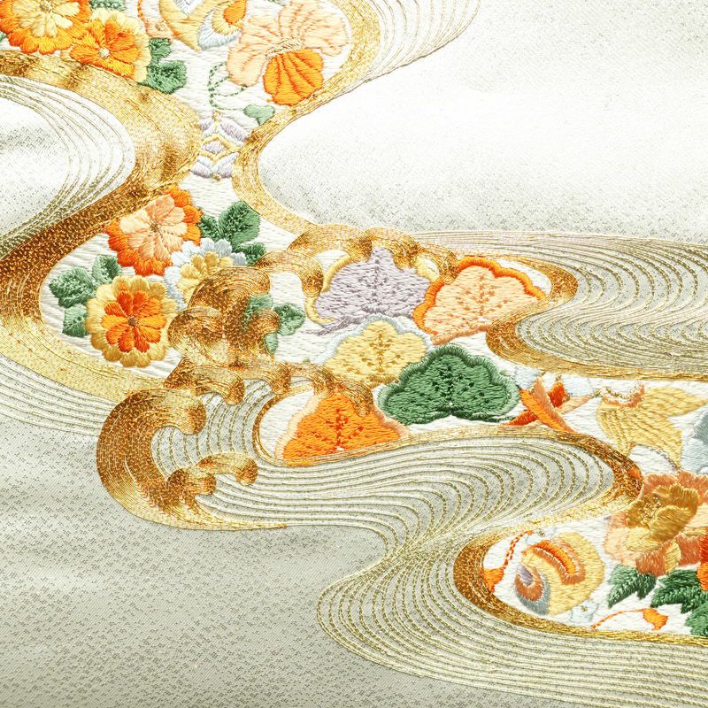 名古屋帯 太鼓柄 金駒刺繍 正絹 古典柄 通し仕立て なごや帯 リサイクル帯 帯 刺繍 箔 松 菊 金・銀_画像2