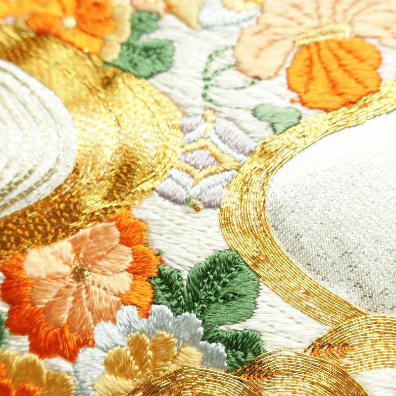 名古屋帯 太鼓柄 金駒刺繍 正絹 古典柄 通し仕立て なごや帯 リサイクル帯 帯 刺繍 箔 松 菊 金・銀_画像7