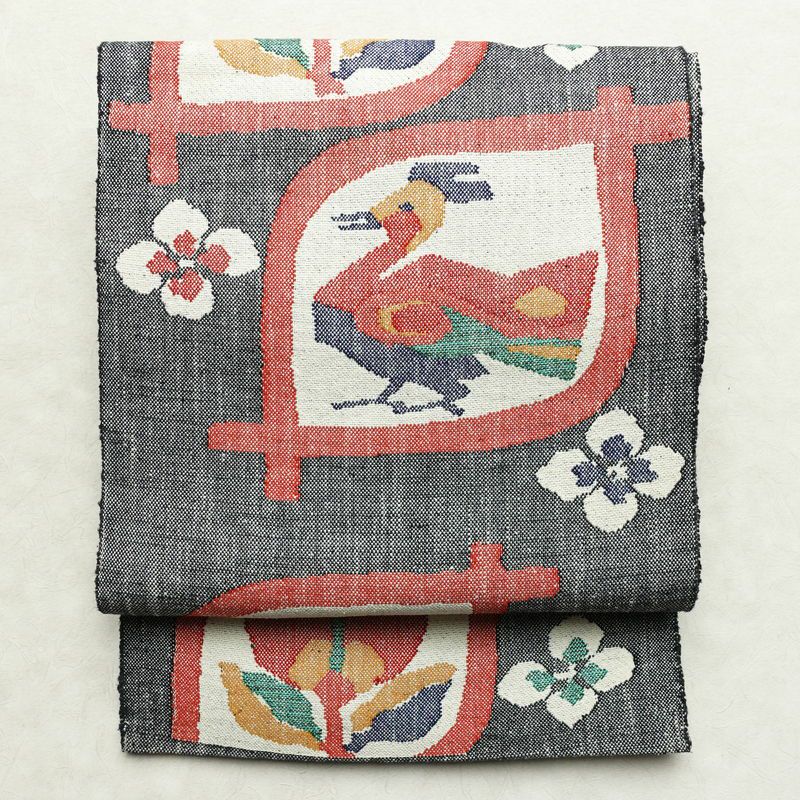 名古屋帯 六通柄 正絹 人物・動物柄 松葉仕立て なごや帯 リサイクル帯 帯 紬地 グレー_画像1