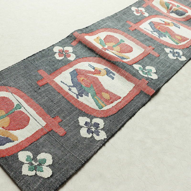 名古屋帯 六通柄 正絹 人物・動物柄 松葉仕立て なごや帯 リサイクル帯 帯 紬地 グレー_画像10