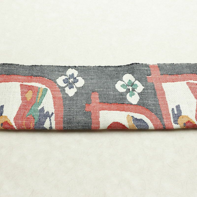 名古屋帯 六通柄 正絹 人物・動物柄 松葉仕立て なごや帯 リサイクル帯 帯 紬地 グレー_画像16
