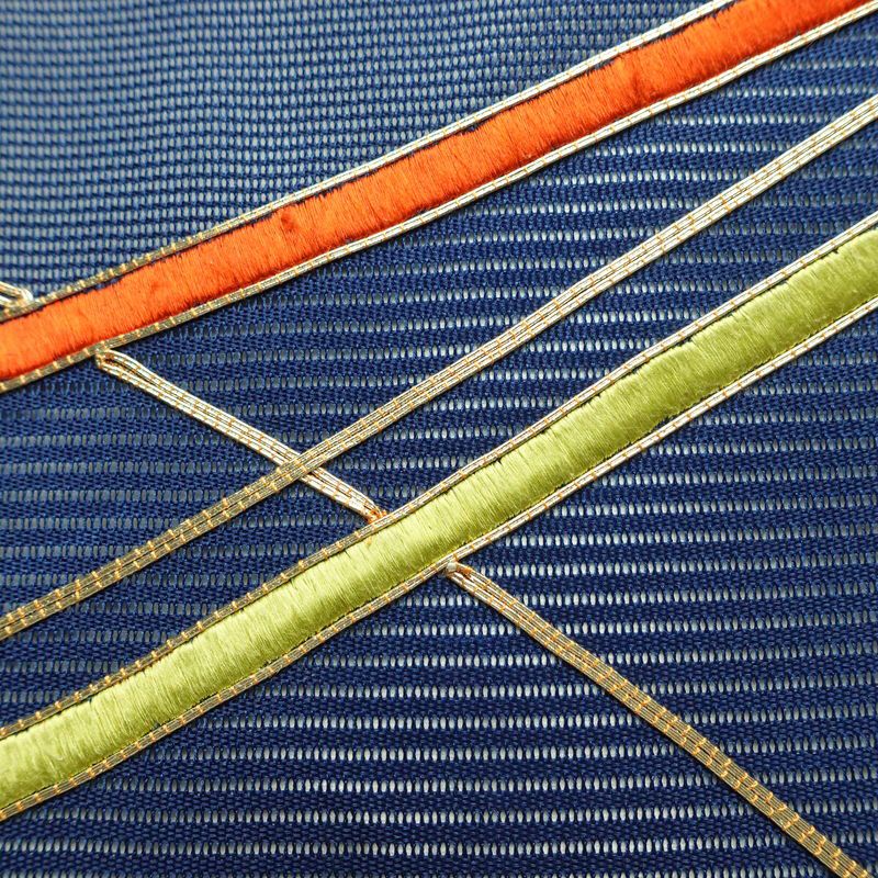 名古屋帯 太鼓柄 良品 夏用 金駒刺繍 正絹 幾何学柄・抽象柄 名古屋仕立て なごや帯 リサイクル帯 帯 刺繍 青・紺_画像3