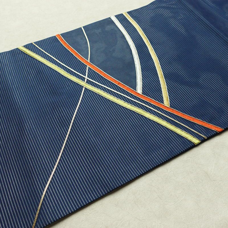 名古屋帯 太鼓柄 良品 夏用 金駒刺繍 正絹 幾何学柄・抽象柄 名古屋仕立て なごや帯 リサイクル帯 帯 刺繍 青・紺_画像11