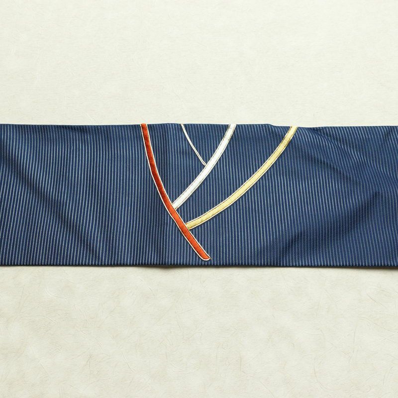 名古屋帯 太鼓柄 良品 夏用 金駒刺繍 正絹 幾何学柄・抽象柄 名古屋仕立て なごや帯 リサイクル帯 帯 刺繍 青・紺_画像14
