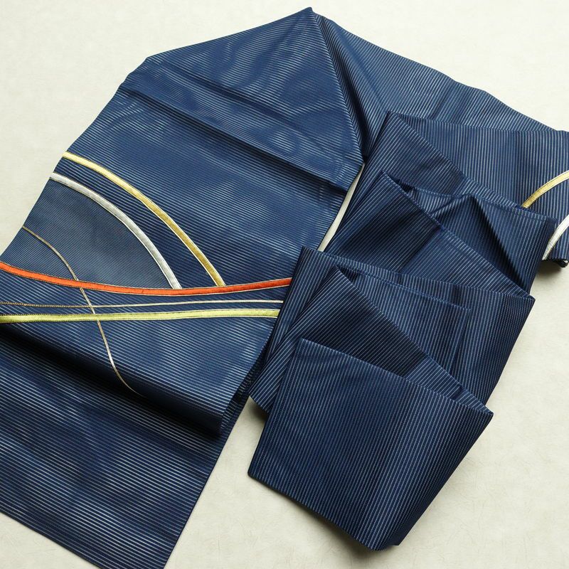 名古屋帯 太鼓柄 良品 夏用 金駒刺繍 正絹 幾何学柄・抽象柄 名古屋仕立て なごや帯 リサイクル帯 帯 刺繍 青・紺_画像16