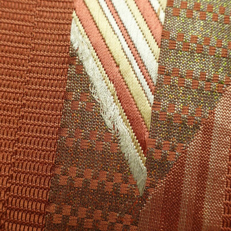 名古屋帯 太鼓柄 正絹 幾何学柄・抽象柄 通し仕立て なごや帯 リサイクル帯 帯 モダン シンプル 茶_画像15