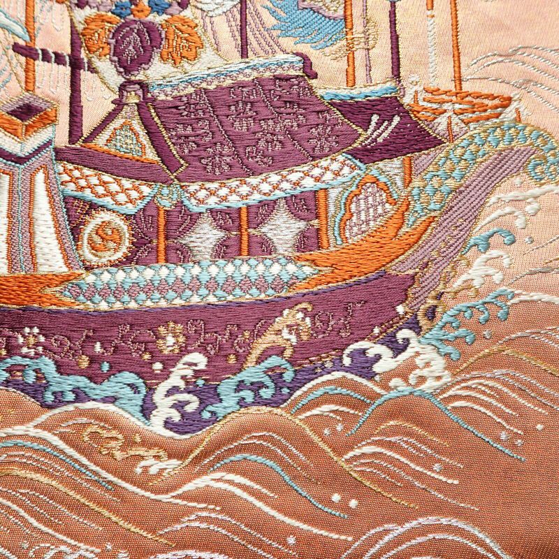 名古屋帯 宝来祝船文 太鼓柄 正絹 古典柄 名古屋仕立て なごや帯 リサイクル帯 帯 刺繍 洒落 ピンク_画像3