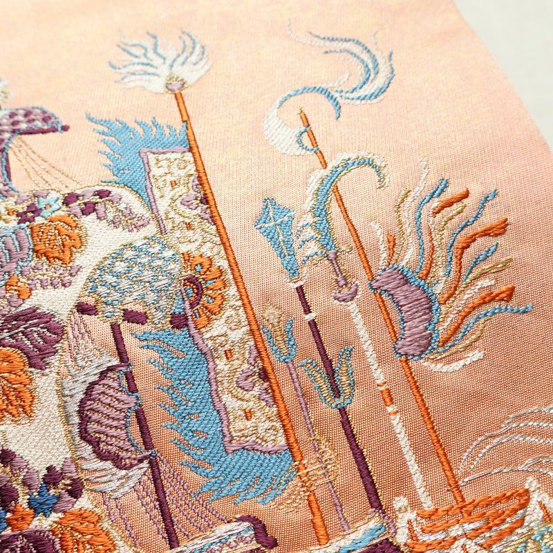 名古屋帯 宝来祝船文 太鼓柄 正絹 古典柄 名古屋仕立て なごや帯 リサイクル帯 帯 刺繍 洒落 ピンク_画像4