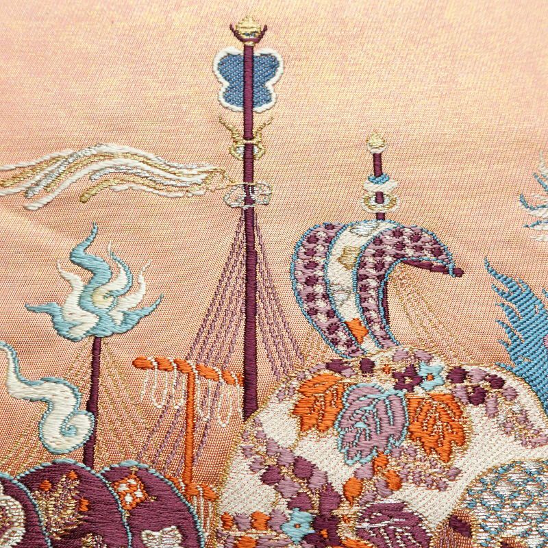 名古屋帯 宝来祝船文 太鼓柄 正絹 古典柄 名古屋仕立て なごや帯 リサイクル帯 帯 刺繍 洒落 ピンク_画像5