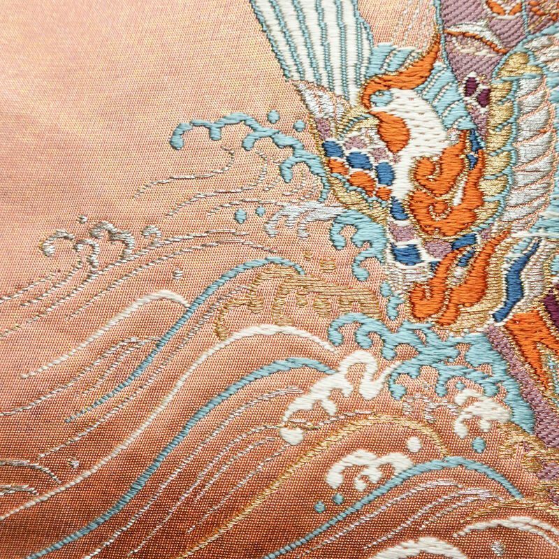 名古屋帯 宝来祝船文 太鼓柄 正絹 古典柄 名古屋仕立て なごや帯 リサイクル帯 帯 刺繍 洒落 ピンク_画像7