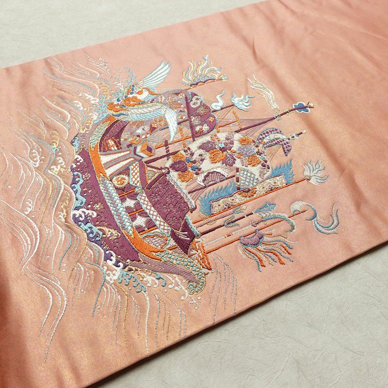 名古屋帯 宝来祝船文 太鼓柄 正絹 古典柄 名古屋仕立て なごや帯 リサイクル帯 帯 刺繍 洒落 ピンク_画像12