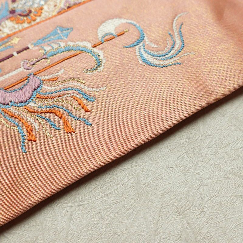 名古屋帯 宝来祝船文 太鼓柄 正絹 古典柄 名古屋仕立て なごや帯 リサイクル帯 帯 刺繍 洒落 ピンク_画像13