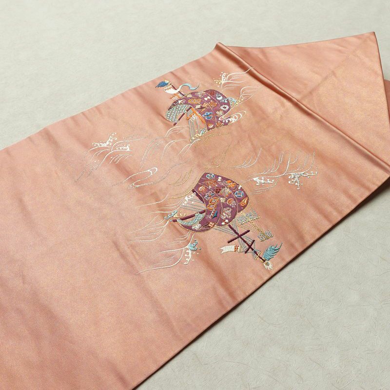 名古屋帯 宝来祝船文 太鼓柄 正絹 古典柄 名古屋仕立て なごや帯 リサイクル帯 帯 刺繍 洒落 ピンク_画像14