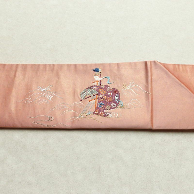 名古屋帯 宝来祝船文 太鼓柄 正絹 古典柄 名古屋仕立て なごや帯 リサイクル帯 帯 刺繍 洒落 ピンク_画像15