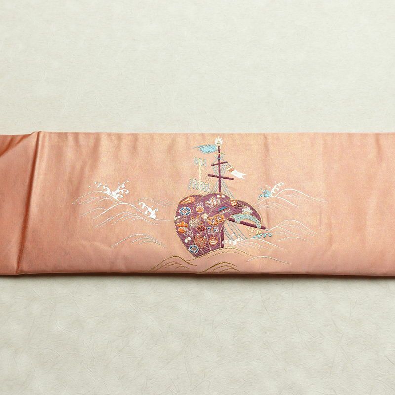 名古屋帯 宝来祝船文 太鼓柄 正絹 古典柄 名古屋仕立て なごや帯 リサイクル帯 帯 刺繍 洒落 ピンク_画像16