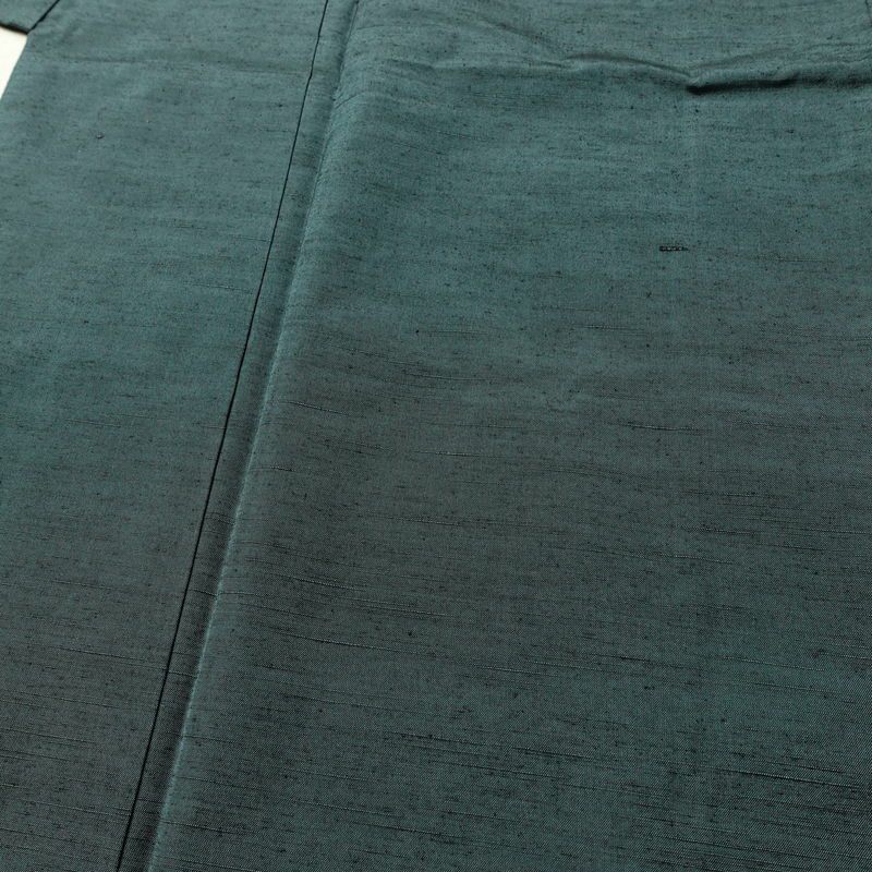 男性用 紬 着物 美品 羽織付き 2点セット しつけ糸付き アンサンブル 正絹 無地 袷仕立て 身丈136cm 裄丈67.5cm リサイクル着物 着物 青緑 緑・うぐいす色_画像5