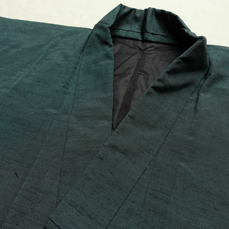 男性用 紬 着物 美品 羽織付き 2点セット しつけ糸付き アンサンブル 正絹 無地 袷仕立て 身丈136cm 裄丈67.5cm リサイクル着物 着物 青緑 緑・うぐいす色_画像14