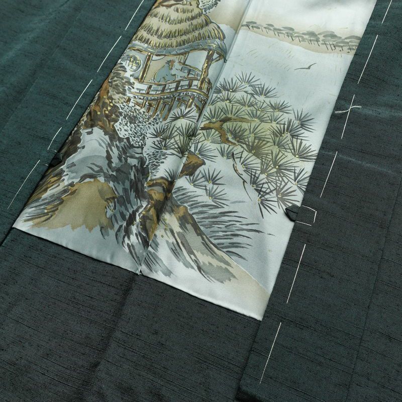 男性用 紬 着物 美品 羽織付き 2点セット しつけ糸付き アンサンブル 正絹 無地 袷仕立て 身丈136cm 裄丈67.5cm リサイクル着物 着物 青緑 緑・うぐいす色_画像17