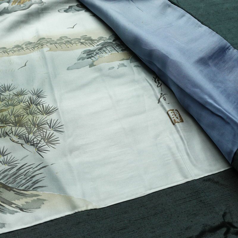 男性用 紬 着物 美品 羽織付き 2点セット しつけ糸付き アンサンブル 正絹 無地 袷仕立て 身丈136cm 裄丈67.5cm リサイクル着物 着物 青緑 緑・うぐいす色_画像19