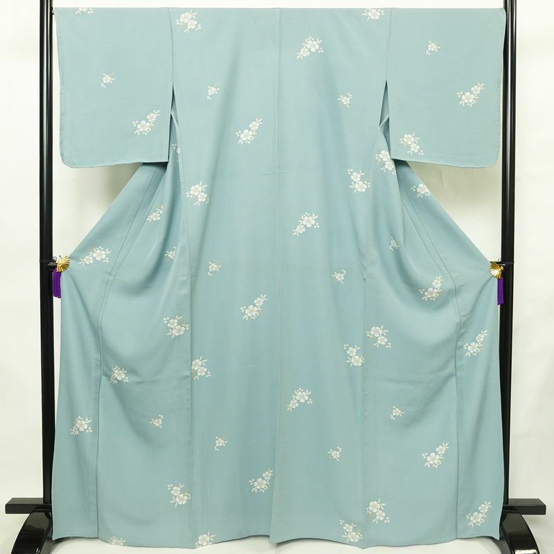 単衣 小紋 良品 縮緬 しつけ糸付き 正絹 花柄 単衣仕立て 身丈165cm 裄丈68cm リサイクル着物 着物 シンプル 青・紺_画像1