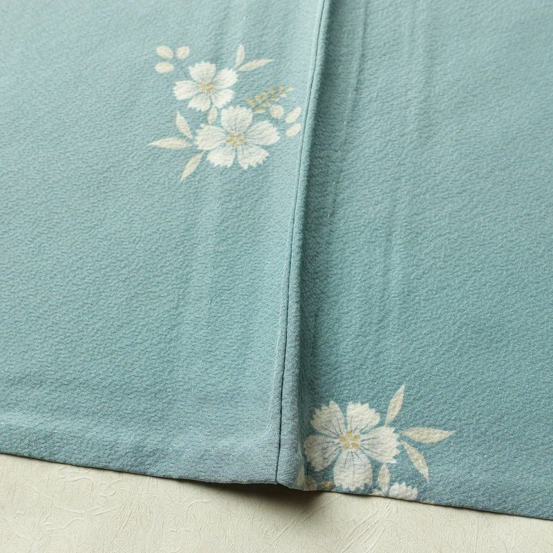 単衣 小紋 良品 縮緬 しつけ糸付き 正絹 花柄 単衣仕立て 身丈165cm 裄丈68cm リサイクル着物 着物 シンプル 青・紺_画像11