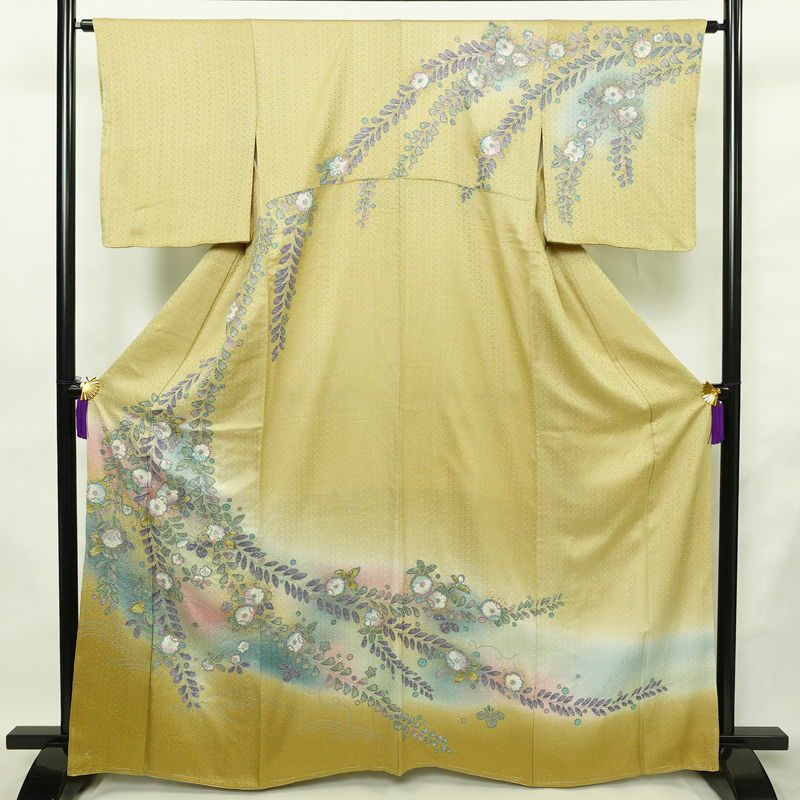 訪問着 良品 辻が花 しつけ糸付き 綸子 正絹 花柄 袷仕立て 身丈164.5cm 裄丈64cm リサイクル着物 着物 箔 共八掛 入学式 卒業式 七五三 お宮参り フォーマル 黄・黄土色
