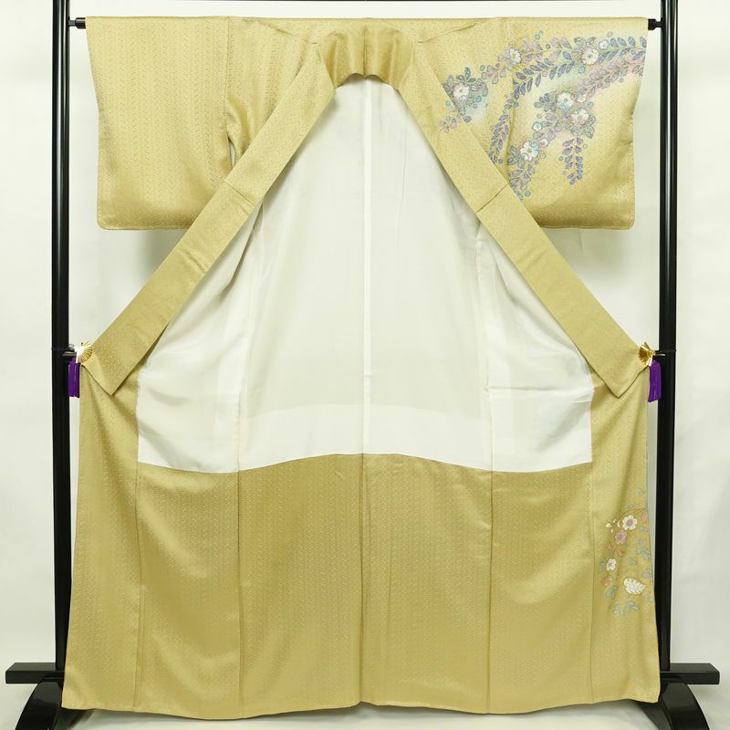 訪問着 良品 辻が花 しつけ糸付き 綸子 正絹 花柄 袷仕立て 身丈164.5cm 裄丈64cm リサイクル着物 着物 箔 共八掛 入学式 卒業式 七五三 お宮参り フォーマル 黄・黄土色_画像3