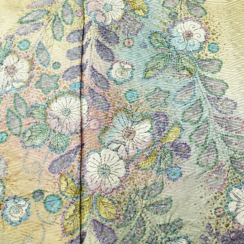 訪問着 良品 辻が花 しつけ糸付き 綸子 正絹 花柄 袷仕立て 身丈164.5cm 裄丈64cm リサイクル着物 着物 箔 共八掛 入学式 卒業式 七五三 お宮参り フォーマル 黄・黄土色_画像7